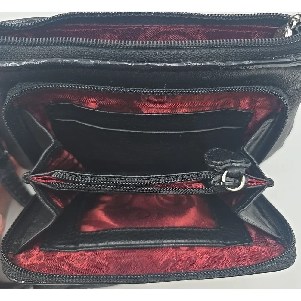 BRIGHTON Small Black Patent Leather SILVER ADORNED Shoulder Bag Cross Body - Picture 9 of 10